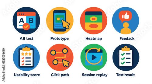 Flat vector icons of UX and UI testing tools in circular style: A/B test icon, prototype testing, heatmap icon, user feedback, usability score, click path, session replay, test result.