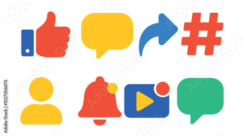 Flat vector icons of social media engagement: like button, comment bubble, share arrow, hashtag, follower icon, notification bell, live video, chat bubble.