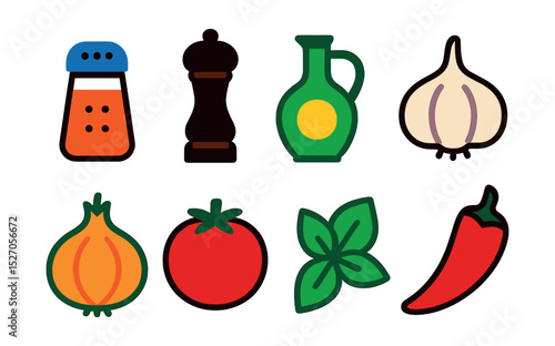 Flat vector icons of cooking ingredients: salt shaker, pepper mill, olive oil bottle, garlic, onion, tomato, basil leaf, chili pepper.