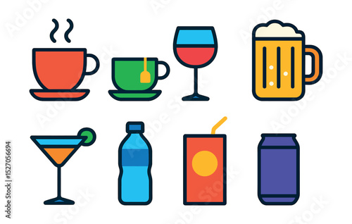 Flat vector icons of beverage types: coffee cup, tea cup, wine glass, beer mug, cocktail glass, water bottle, juice box, soda can.