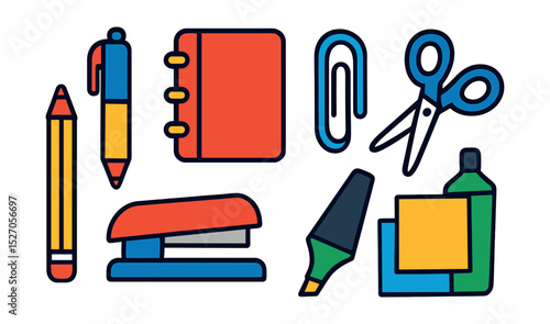 Flat vector icons of office supplies: pen, pencil, notebook, paperclip, stapler, scissors, highlighter, sticky notes.