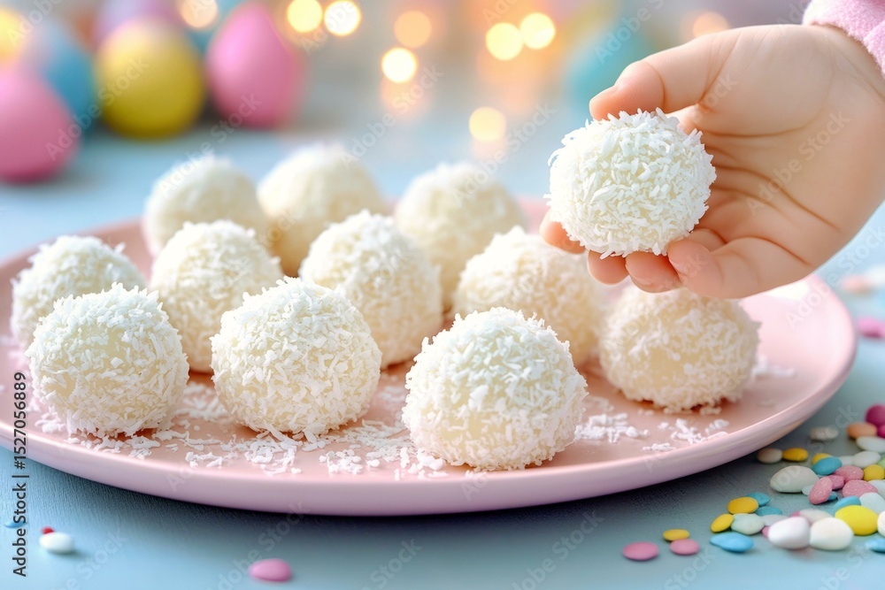 Child holding coconut truffle on festive plate with colorful candy sprinkles in background Child holding coconut truffle on festive plate with colorful candy sprinkles in background
