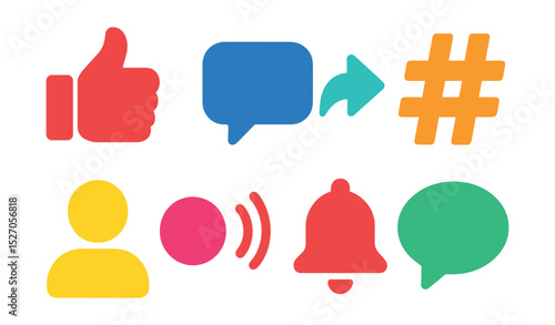 Flat vector icons of social media: like button, comment bubble, share arrow, hashtag, follower icon, live video, notification, chat bubble.