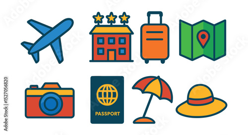 Flat vector icons of holiday travel: airplane, hotel, suitcase, map, camera, passport, beach umbrella, sunhat.