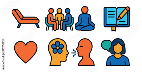 Flat vector icons of mental health support: therapy couch, support group, meditation, journal, heart symbol, mindfulness, breathing exercises, counselor.
