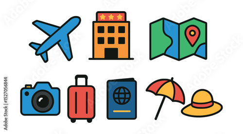 Flat vector icons of holiday travel: airplane, hotel, suitcase, map, camera, passport, beach umbrella, sunhat.