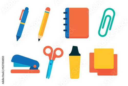 Flat vector icons of office supplies: pen, pencil, notebook, paperclip, stapler, scissors, highlighter, sticky notes.