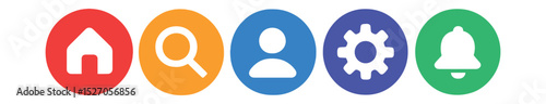 Flat vector icons of mobile UI essentials in circular style: home button, search icon, user avatar, settings gear, notification bell.