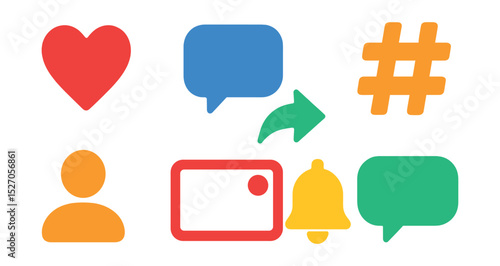 Flat vector icons of social media: like button, comment bubble, share arrow, hashtag, follower icon, live video, notification bell, chat bubble.