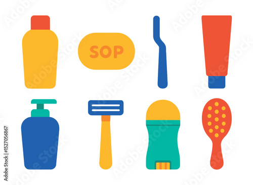 Flat vector icons of personal care products: shampoo bottle, soap bar, toothbrush, toothpaste, lotion, razor, deodorant, hairbrush.