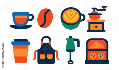 Flat vector icons of coffee and cafe culture: espresso cup, coffee bean, latte art, coffee grinder, to-go cup, barista apron, milk frother, pastry display.