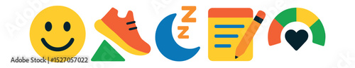 Flat vector icons of wellness tracking features: mood tracker, step goal, sleep quality, daily reflection, mental health meter.