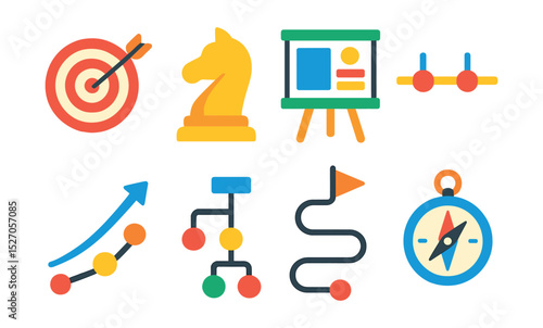 Flat vector icons of strategic planning: target, chess piece, vision board, timeline, growth path, decision tree, roadmap, compass.