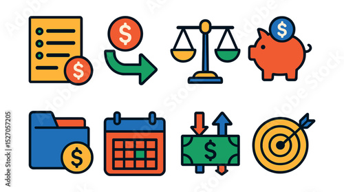 Flat vector icons of budgeting process: expense list, income stream, balance icon, saving plan, finance folder, budget calendar, cash flow, financial goals.