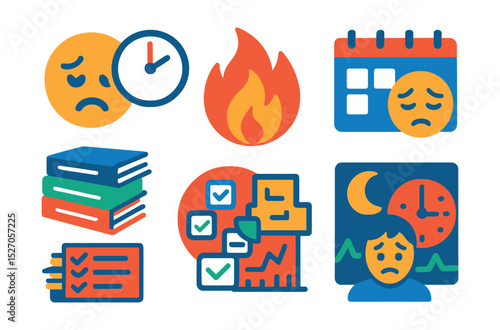 Flat vector icons of deadline stress and burnout: stressed face with clock, burnout flame icon, fatigue calendar, overloaded file stack, too many tasks badge, time anxiety chart, panic schedule icon,