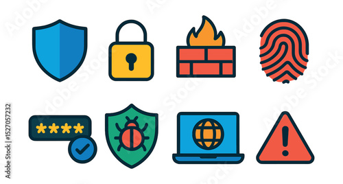 Flat vector icons of cybersecurity elements: shield, lock, firewall, fingerprint, password, antivirus, VPN, alert notification.