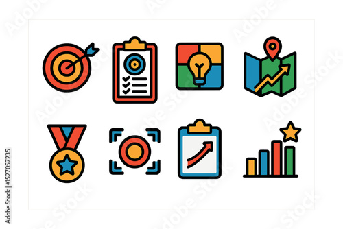 Flat vector icons of goal setting: bullseye, checklist target, SMART goals, growth map, achievement medal, focus symbol, success plan, motivational chart.