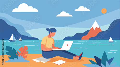 The gentle breeze from the water ruffled through the freelancers papers as they concentrated on their work inspired by the serene atmosphere.. Vector illustration