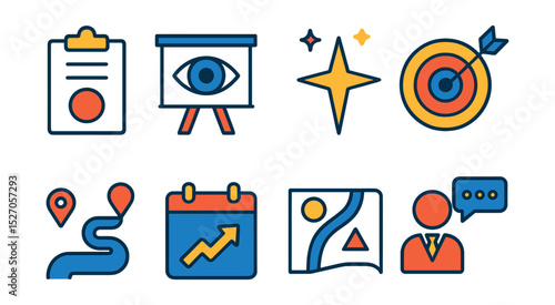 Flat vector icons of company vision: mission statement, vision board, north star icon, future goal, innovation path, long-term plan, strategic map, leadership message.