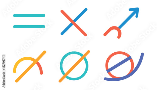 Flat vector icons of line geometry: parallel lines, intersecting lines, angles, vectors, arcs, tangents, chords, curves.