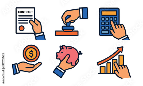 Flat vector icons of character hands performing business activities: hand holding contract, hand stamping approval, hand placing coin in jar, hand calculating on calculator, hand holding target icon,