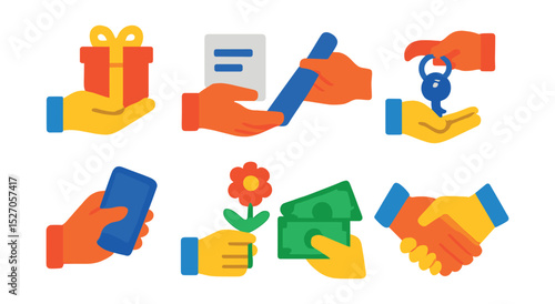 Flat vector icons of human hands giving and receiving: hand offering gift, hand receiving document, hand passing baton, hand exchanging keys, hand sharing phone, hand giving flower, hand receiving