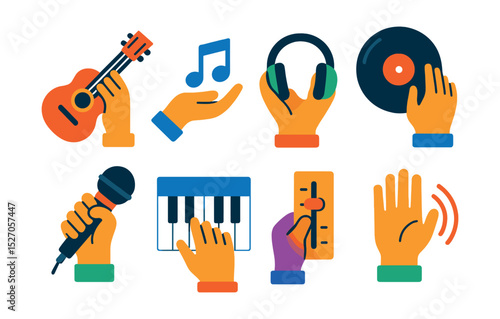 Flat vector icons of human hands with music elements: hand playing guitar, hand with music note, hand using headphones, hand spinning record, hand holding microphone, hand pressing piano keys, hand