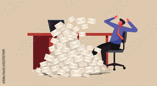 Businessman with an avalanche of unread email leak out from laptop screen, concept of digital stress and overwhelm at work in modern digital life, flat vector illustration