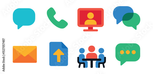 Flat vector icons of business communication: speech bubble, phone call, video conference, chat, email, document share, meeting room, messaging app.