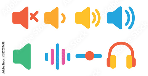 Flat vector icons of volume control buttons: mute button, low volume, medium volume, high volume, speaker icon, audio wave, volume slider, headphone icon.