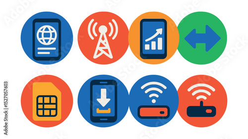 Flat vector icons of mobile internet usage in circular style: mobile browser, cellular data, data usage, network switch, SIM card, app download, tethering icon, mobile hotspot.