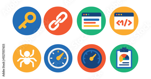 Flat vector icons of SEO tools in circular style: keyword icon, backlink tracker, SERP preview, meta tag, crawl status, domain rating, page speed, SEO audit.