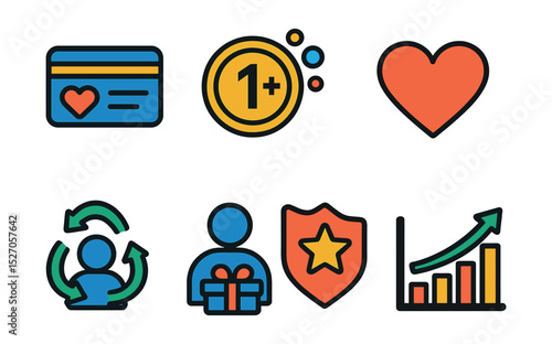 Flat vector icons of customer loyalty: loyalty card, reward points, VIP badge, satisfaction heart, repeat customer icon, loyalty program, referral gift, retention graph.