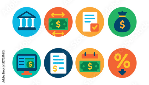Flat vector icons of online banking in circular style: digital bank icon, money transfer, pay bills, savings account, account overview, transaction history, loan payment, interest rate.