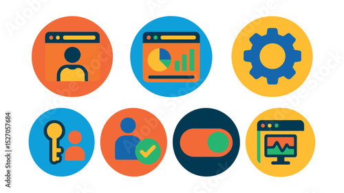 Flat vector icons of internet control panels in circular style: admin panel, dashboard overview, settings gear, analytics chart, user access, permissions icon, control switch, site monitor.