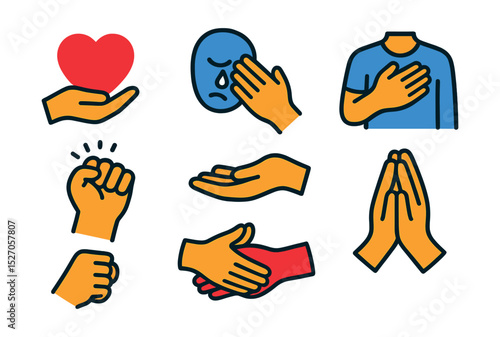 Flat vector icons of human hands expressing emotion: hand holding heart, hand wiping tear, hand reaching out, hand on chest, hand clenched in worry, hand offering hug, hand in praying position, hand