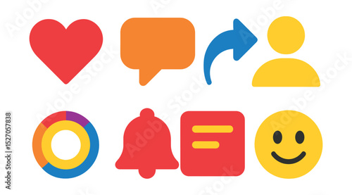 Flat vector icons of social media activity: like heart, comment bubble, share arrow, follow icon, story update, notification bell, social post, reaction emoji.