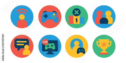 Flat vector icons of internet gaming in circular style: online player, game controller, leaderboard icon, multiplayer match, chat in game, live stream play, gaming profile, trophy win.