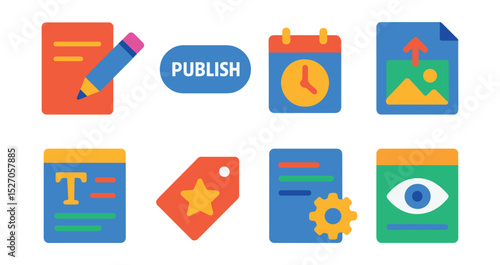 Flat vector icons of content publishing: new post, publish button, content schedule, image upload, article editor, featured tag, post settings, preview post.