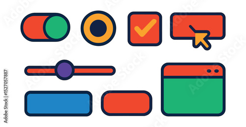 Flat vector icons of app interface elements: toggle switch, radio button, checkbox, dropdown menu, slider bar, input field, button UI, modal window.