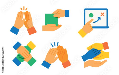 Flat vector icons of human hands in teamwork: hands high-fiving, hand passing note, hand pointing at whiteboard, hand building together, hand stacking in unity, hand clapping team, hand guiding, hand