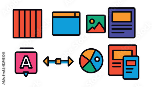 Flat vector icons of web design elements: layout grid, container block, image placeholder, wireframe, font selector, spacing tool, color palette, responsive layout.