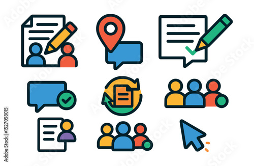 Flat vector icons of real-time collaboration: co-edit document, comment marker, suggestion mode, resolve comment, document history, live presence, team edit, cursor indicator.