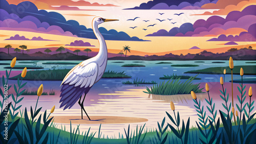 Vector illustration of a peaceful marshland at dawn with a migrating bird ideal for nature scenes, wildlife themes, and seasonal ecological designs