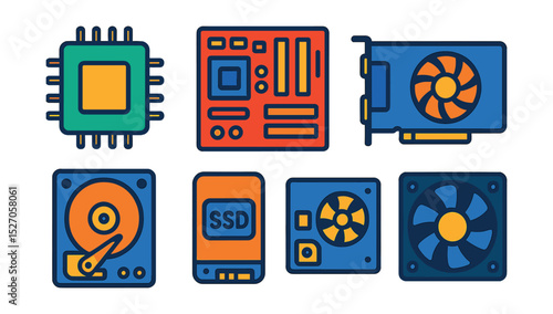 Flat vector icons of computer hardware components: CPU chip, motherboard, graphics card, RAM module, hard drive, SSD drive, power supply, cooling fan.