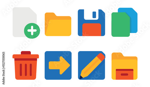 Flat vector icons of file management buttons: new file icon, open folder, save file, duplicate icon, delete file, move icon, rename button, archive folder.