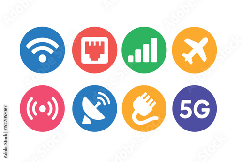 Flat vector icons of internet connectivity in circular style: Wi-Fi signal, ethernet port, mobile network bars, airplane mode, hotspot icon, satellite signal, LAN cable, 5G icon.