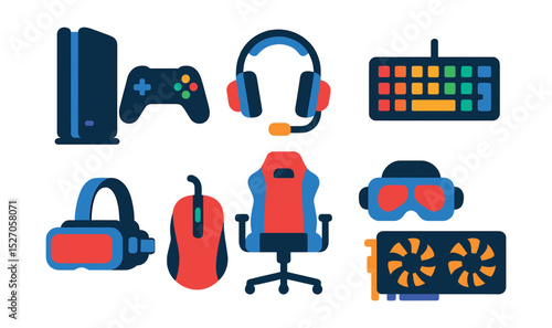 Flat vector icons of gaming hardware: gaming console, game controller, gaming headset, RGB keyboard, gaming mouse, VR setup, gaming chair, graphics card.