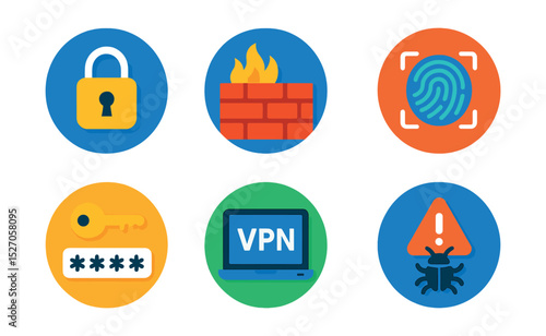 Flat vector icons of cybersecurity in circular style: padlock icon, firewall, antivirus shield, fingerprint scan, password key, VPN icon, two-factor code, malware alert.