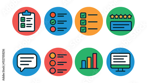 Flat vector icons of online surveys in circular style: survey form, multiple choice icon, checkbox list, rating scale, feedback field, answer options, poll results, submit response.